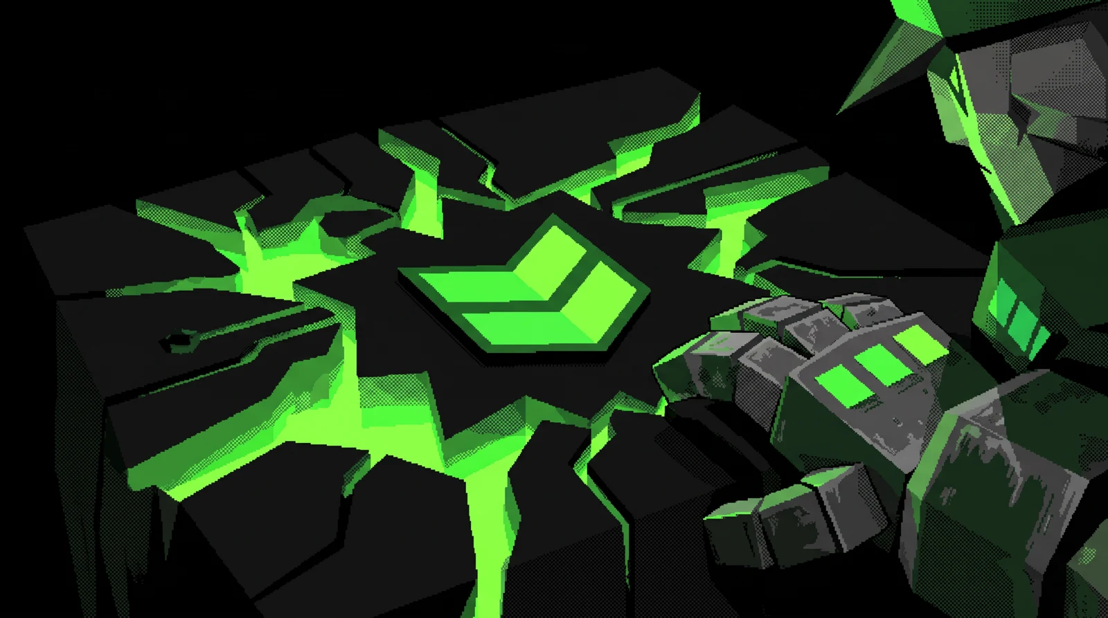A green military chevron on a cracked circuit altar