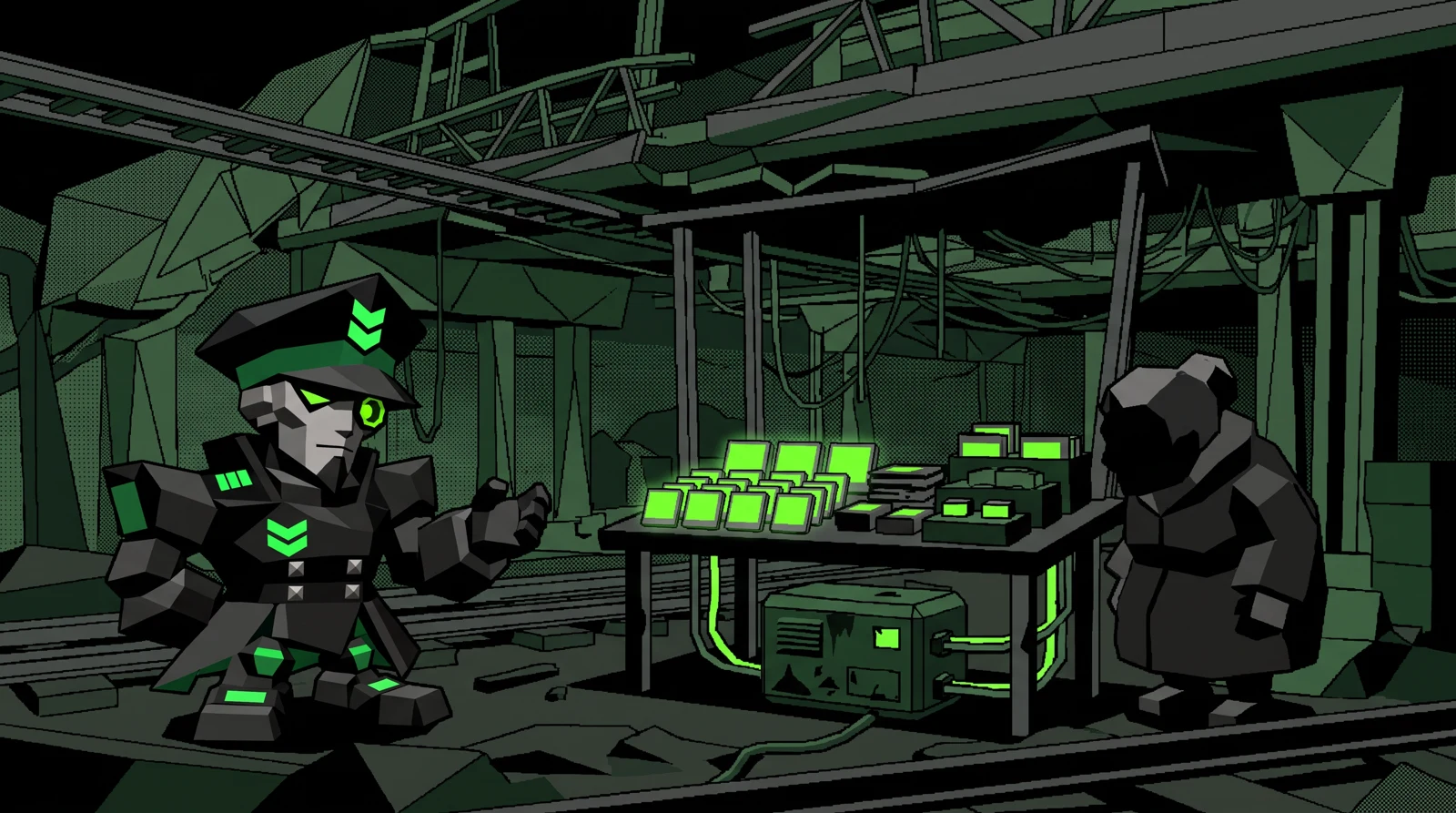 A green cartridge market beneath an abandoned transit station