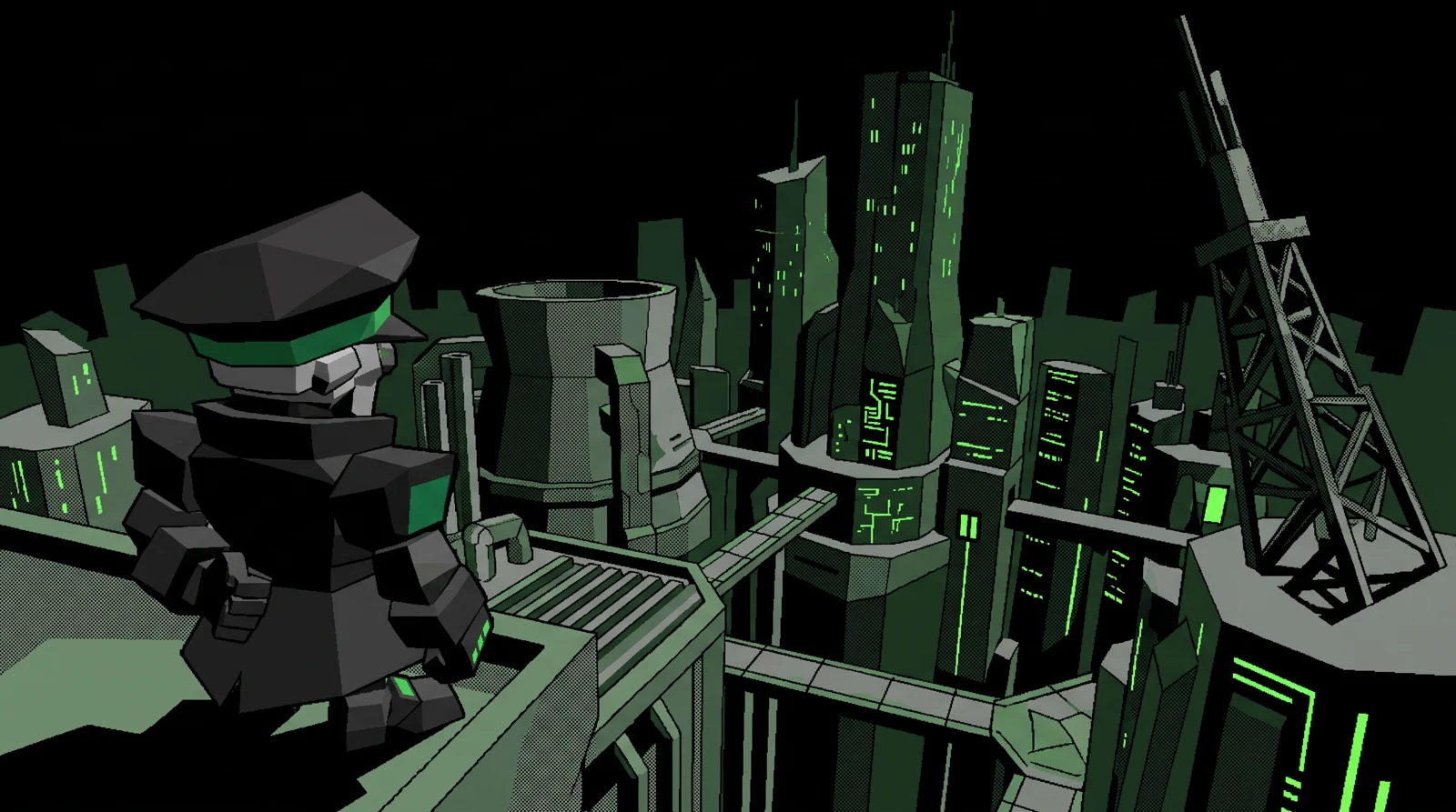 The general looks over a black geometric reactor city