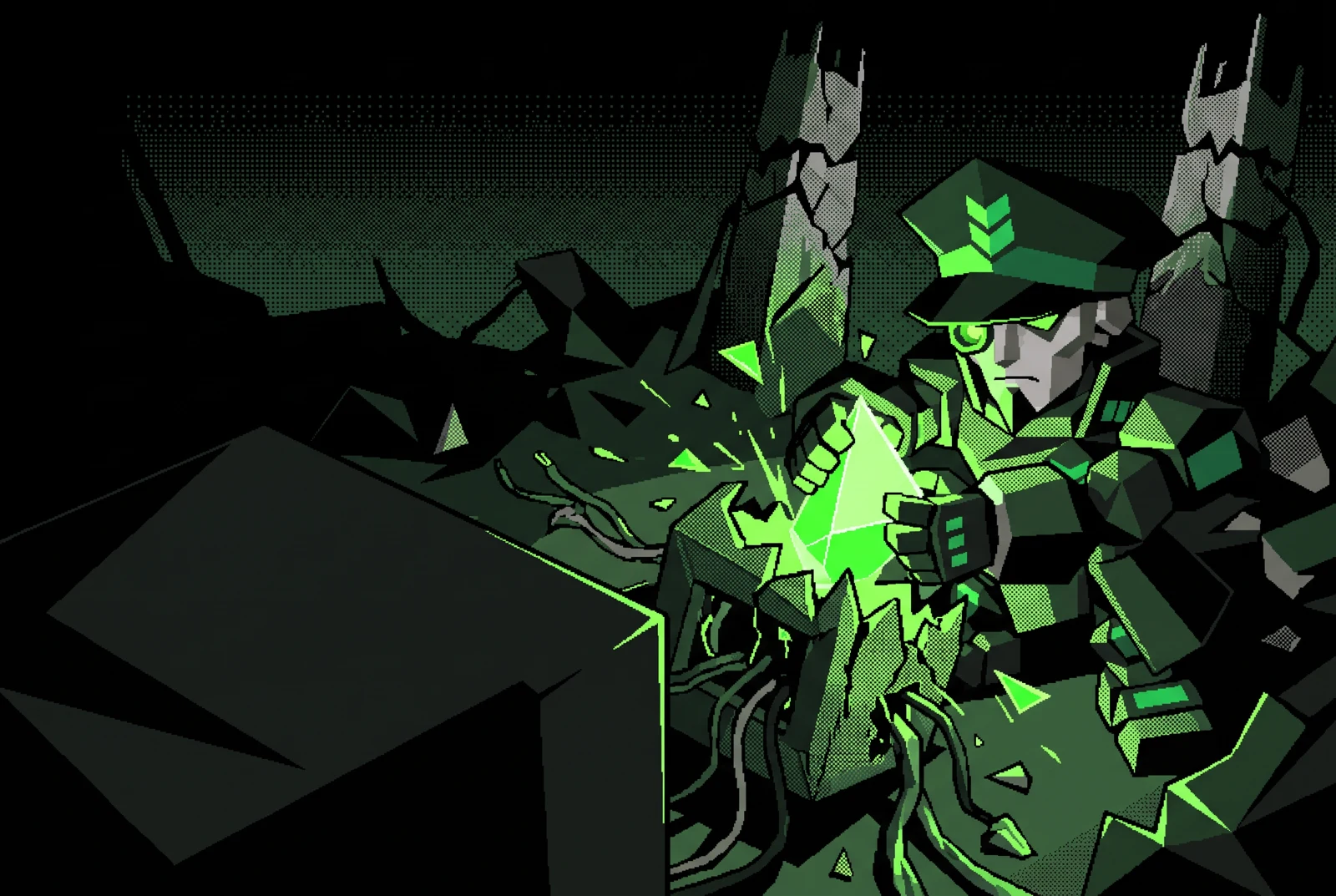The general removes a bright data crystal from ruptured machinery